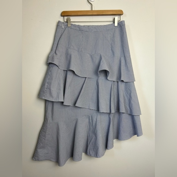 Cece Striped Women’s Size 8 Elegant Blue Tiered Midi Skirt Zip Pull on Old Money - Picture 2 of 10